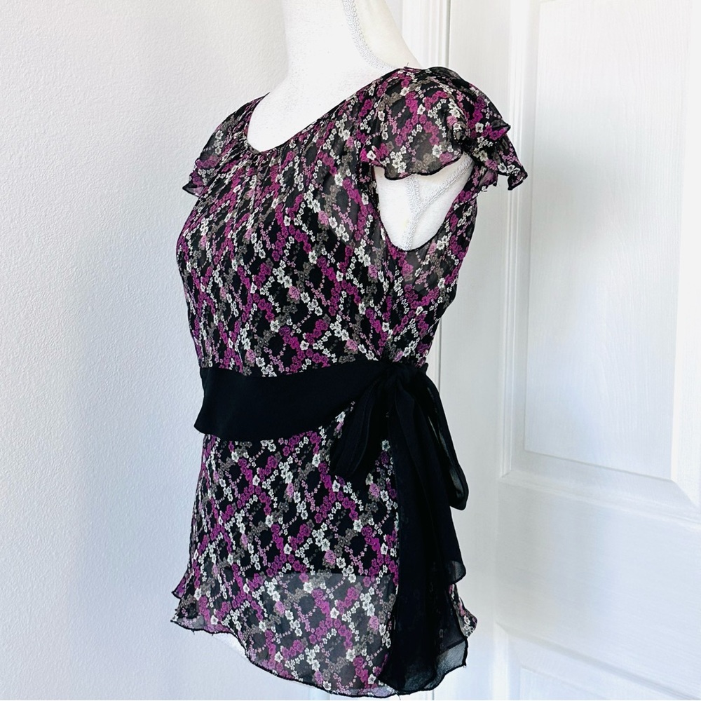 100% Silk Chiffon tops Studio M floral tie waist blouse cami liner size M